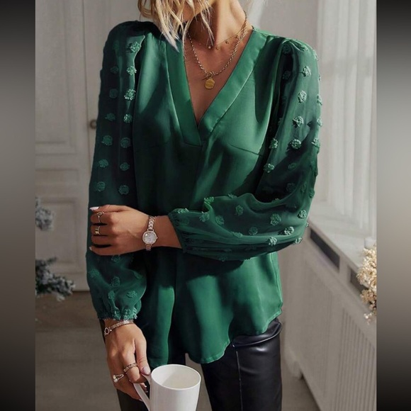 Luxe blue  V neck Swiss dot sleeve blouse - Picture 13 of 15